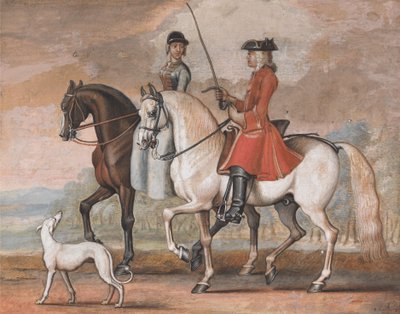 En gentleman på en dresseret hest rider ud med en dame af James Seymour