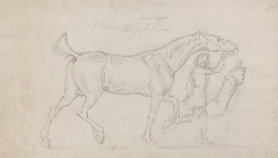 Mand fører en travhingst til højre (grafit og sort kridt på papir) af James Seymour