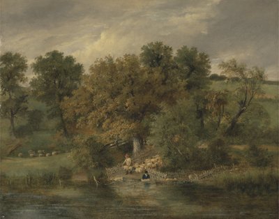 Fårevask i Postwick Grove, Norwich, ca. 1822 (olie på panel) af James Stark