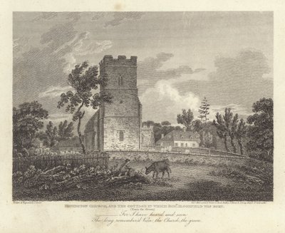 Robert Bloomfield, digter: Honington Church, and the Cottage, hvori Robert Bloomfield blev født (gravering) af James Storer
