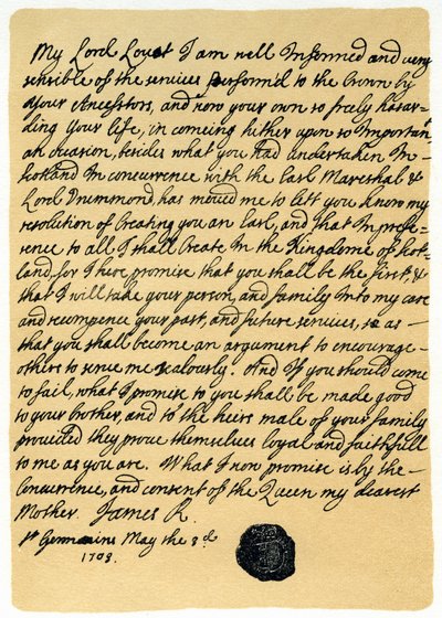 Brev fra James Edward Stuart til Simon Fraser, Lord Lovat, St. Germains, 3. maj 1703. af James Stuart