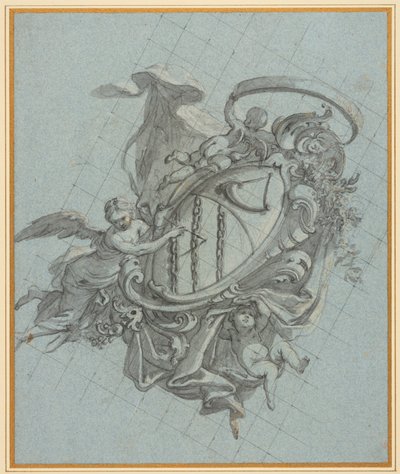 Et våbenskjold med et horn og tre kæder holdt oppe af en engel og to putti af James Thornhill