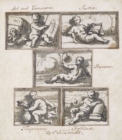 Kunst og Handel; Retfærdighed; Forsigtighed; Afholdenhed; og styrke, af James Thornhill