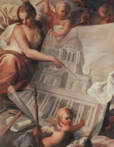 Den malede sals loft, detalje, der viser en tegning af den malede sals ydre af James Thornhill