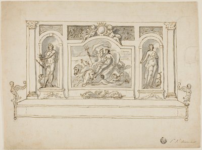 Neptun og Amphitrite flankeret af Jupiter og Juno: Design til malet hal- eller havebænk af James Thornhill