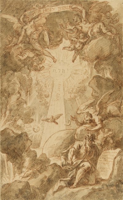 Forberedende tegning til C. du Boscs gravering til Chapel Bible of the Royal Marine College. Arbejde (43x26,6 cm) af James Thornhill (1675-1734), begyndelsen af det 18. århundrede. af James Thornhill