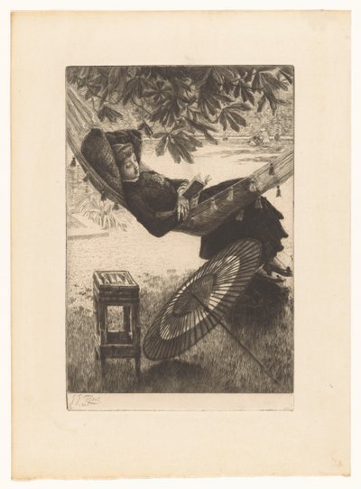 Ung kvinde læser i en hængekøje af James Tissot