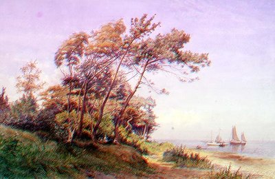En picnic på kysten, Isle of Wight, med en yacht fortøjet ud for kysten, der flyver under fangen fra Royal Yacht Squadron af James Waite