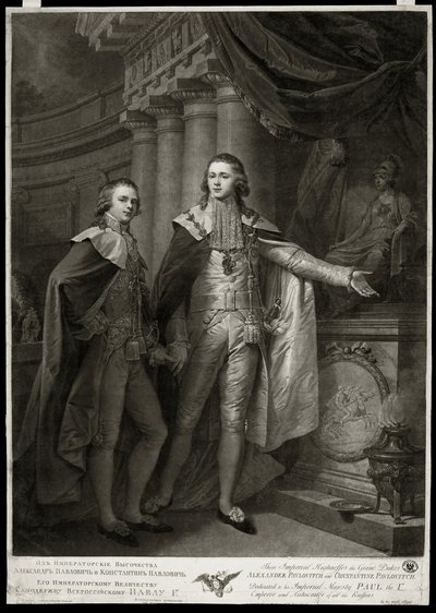 Portrætter af storhertugerne af Rusland Alexander I Pavlovich (1777-1825) og Constantin Pavlovich (1779-1831). Værk af James Walker (1748-cirka 1808), gravering 1797. Engelsk kunst af James Walker