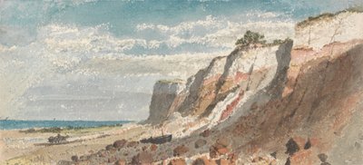 Strand og klipper, med en hest og vogn og en strandet båd på kysten af James Ward