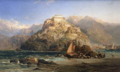 Udsigt over San Sebastian (Spanien), i midten Urgull-bjerget og bygningerne på slottet Santa Cruz de la Mota. Olie på lærred af James Webb (aktiv mellem 1853 og 1888). af James Webb