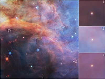 Små himmellegemer i Flammenebulaen (billede taget med NIRCam) af James Webb Space Telescope (NASA)
