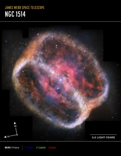 Planetarisk tåge NGC 1514 (MIRI Compass-billede) af James Webb Space Telescope (NASA)