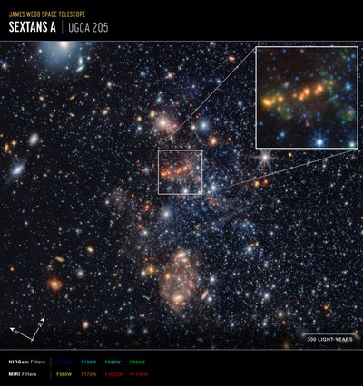 Sextans A – udtræk af polycykliske aromatiske kulbrinter (Compass-billede) af James Webb Space Telescope (NASA)