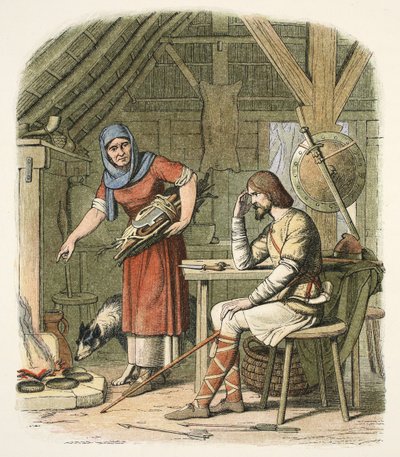 Alfred i nethyrdens hytte, ca. 878 e.Kr., fra A Chronicle of England BC 55 til AD 1485, pub. London af James William Edmund Doyle