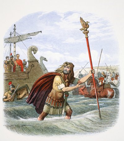 Den romerske fanebærer af den 10. legion lander i Storbritannien, 55 f.Kr. 1864. af James William Edmund Doyle
