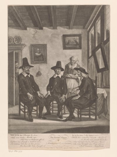 Tre mænd i samråd, mens en ung kvinde lytter i dørkarmen Forældreordningen / eller / Ægteskabskonsultation (titel på objekt) af James Wilson