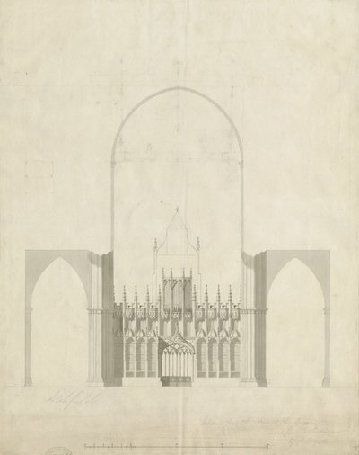 Interiør af Lichfield Cathedral - Indgang fra kor til skib: tegning og vask, nd [c 1780] af James Wyatt