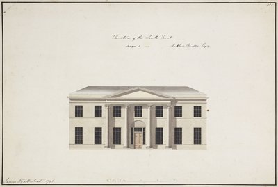 Soho House: Plan over stueetagen; Plan over Sengekammeretagen; Højde af sydfronten, Design A, Højde af sydfronten, Design B og Højde af nordfronten, 1796 af James Wyatt