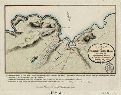 En plan over Fishguard Bay, hvor franskmændene landede 1200 mand den 22. februar 1797 og overgav fanger til Lord Cawdor den 24. februar. af James and Laurie Robert (1755 1836) Whittle