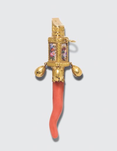 Regency børnerangle, bider og fløjte, mærket London 1815/1816 (emaljeret guld og koral) af James and Ray John Montague
