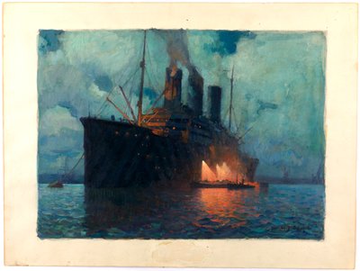 Coaling a Transport at Night, ca. 1919 (olie på pap) af James de Vine Aylward