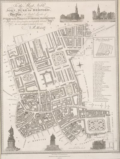 Til den højadelige John, hertug af Bedford. Denne plan over de forenede sogne St. Giles in the Fields  St. George, Bloomsbury af James the Elder Wyld