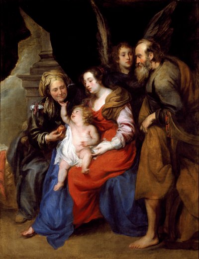 Portræt af den hellige familie med St Anne, Marias mor og en engel (olie på lærred af Jan Roos