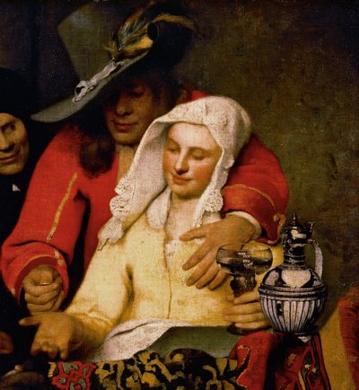 En mand rækker en mønt frem til en kvinde, der rører ved hendes bryst, detalje fra The Procuress af Johannes Vermeer