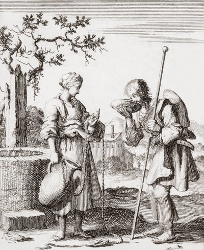 En kvinde giver en pilgrim en drink vand af Jan (after) Luyken