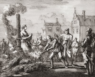 En kvinde bliver brændt på bålet som heks (print) af Jan (after) Luyken