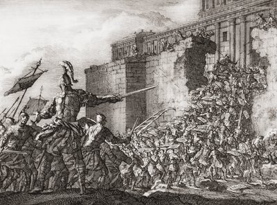 Pompejus angriber templet i Jerusalem i 63 f.Kr. (print) af Jan (after) Luyken