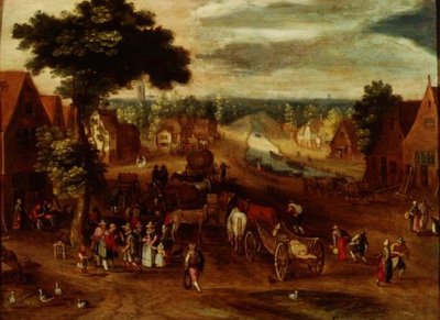 En landsby med rejsende uden for en kro af Jan (follower of) Brueghel