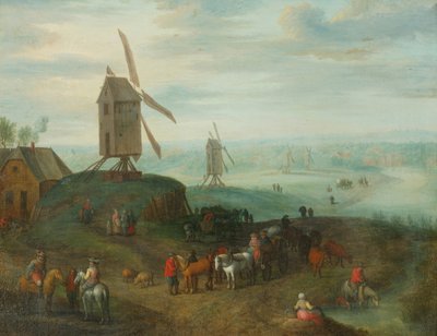 Landskab med vindmøller (olie på kobber) af Jan (follower of) Brueghel
