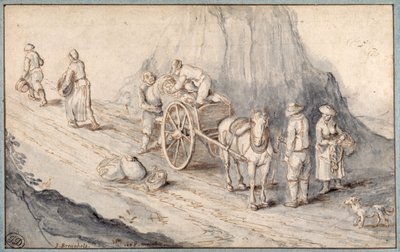 Bønder læsser en en-hests vogn med rodfrugter (pen & blæk med vask på papir) af Jan (follower of) Brueghel