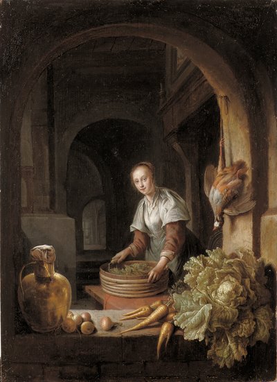 En stuepige forbereder grøntsager i et køkken af Jan Adriansz van Staveren