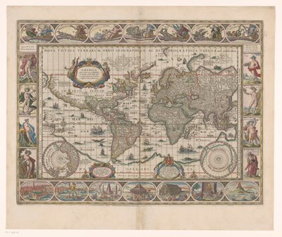 Wereldkaart met dekorativt randen Et nyt geografisk og hydrografisk kort over hele verden af Jan Aertse van den Ende