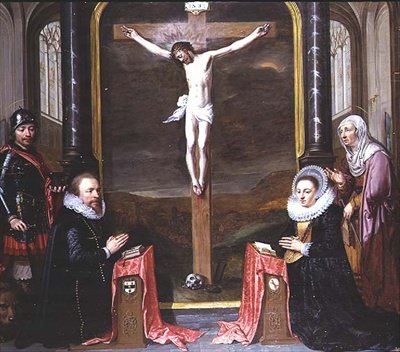 En korsfæstelse med portrætter af donorerne Adriaen Meusyenbroeck og hans hustru, Anna Elant, overværet af St. Adrian og St. Elizabeth af Jan Anthonisz. van Ravesteyn