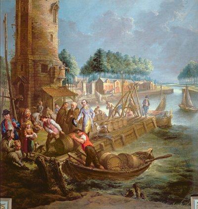 Kanalscene med vinhandler, der losser tønder af Jan Anton Garemyn