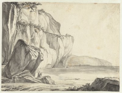 Kystudsigt med klipper, der rejser sig op af vandet af Jan Asselijn (attributed to)