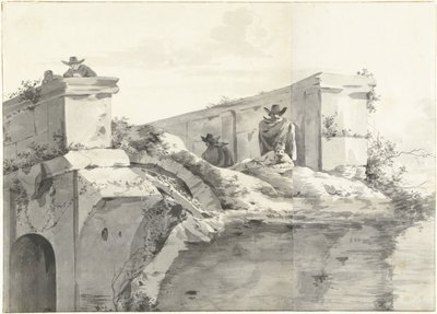 Udsigt over kanten af Ponte Rotto i Rom af Jan Asselijn (copy after)