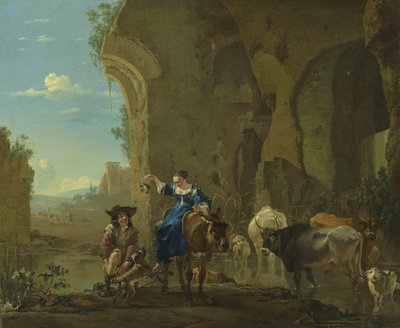 Italiensk landskab med rejsende ved et vandløb med kvæg af Jan Asselijn