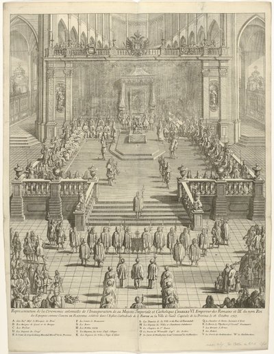 Inhuldiging van keizer Karel VI as graaf van Vlaanderen te Gent, 1717 Repræsentation af den højtidelige ceremoni for indsættelsen af ​​hans kejserlige og katolske majestæt Charles VI. Romernes kejser og 3. konge af Spanien, som greve af Fland af Jan Baptist Berterham