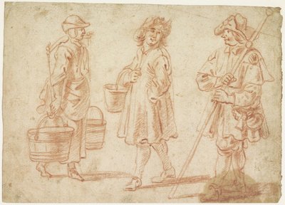 Tre skitser af en kvinde med åg, mand med spand og en pilgrim af Jan Baptist Lambrechts