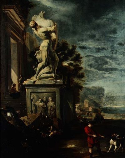 Havn med figurer ved en klassisk statue af Jan Baptist Weenix