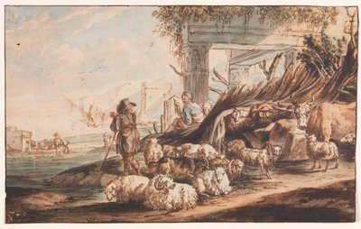 Hyrde med en flok får og en ko blandt ruiner af Jan Baptist Weenix