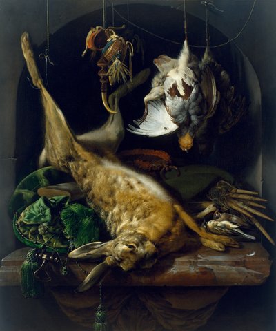 Stilleben med en død hare, agerhøns og andre fugle i en niche, ca. 1675 af Jan Baptist Weenix