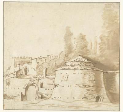 Italiensk bygning med tungt rundt tårn af Jan Both (attributed to)