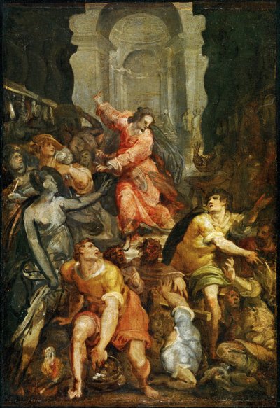 Jesus driver købmændene ud af templet (maleri på poppeltræ) af Jan Both