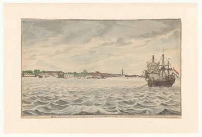 Byen Colombo i Ceylon set fra nord i år 1785 fra vejene med dens nedrevne kirke og tårn, som var ved at blive genopbygget. (titel på objekt) af Jan Brandes (signed by artist)